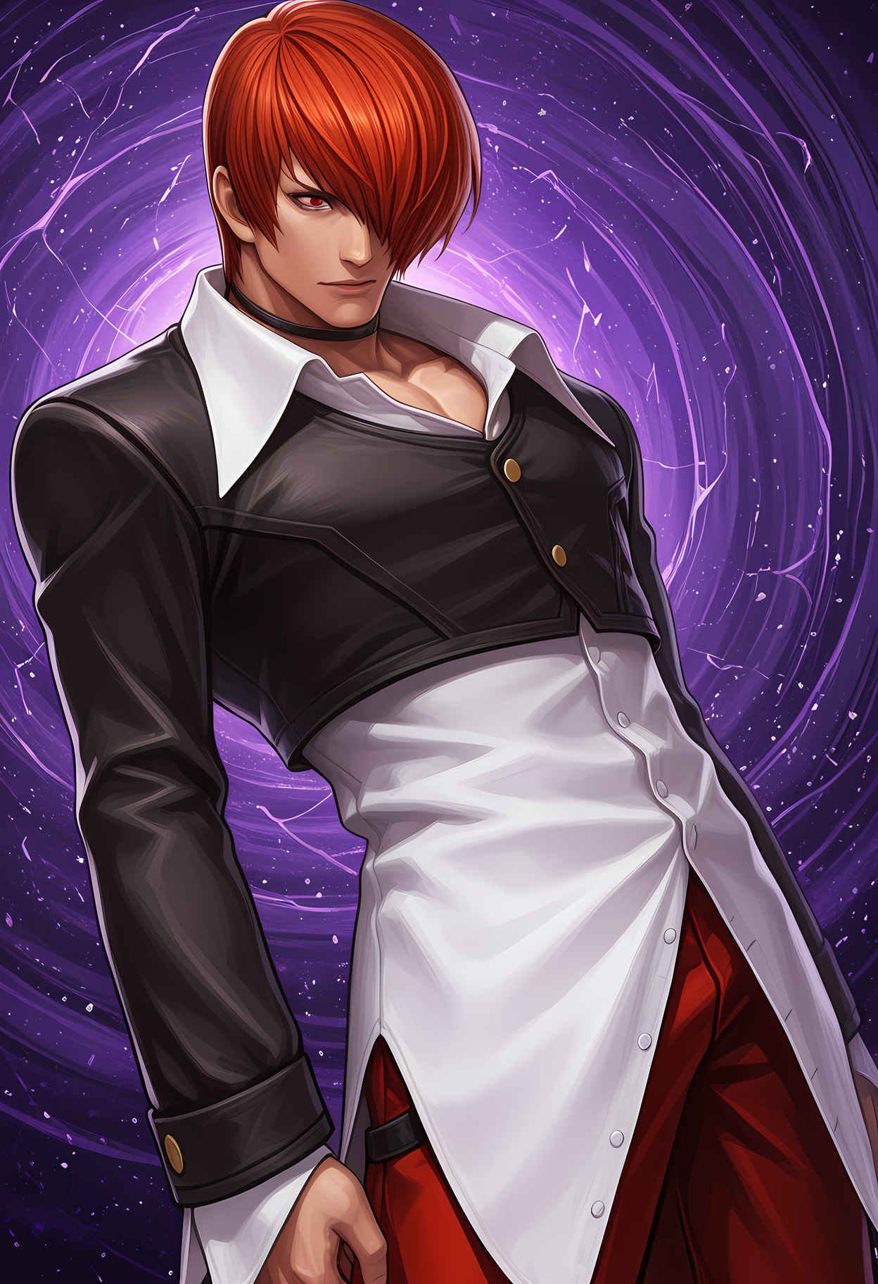 masterpiece, best quality, amazing quality, dutch angle, abstract background, BREAK
1boy, solo, male focus, kof_iori, red hair, red eyes, hair over one eye, choker, cropped jacket, long white shirt, red pants, BREAK
<lora:cfg_scale_boost:.6> <lora:Iori_Yagami_-_The_King_of_Fighters_-_ILXL:1>