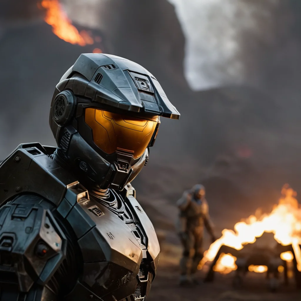 cinematic film still of <lora:add-detail-xl:1>0
<lora:detailed:0.3>
<lora:perfection style:0.3>
<lora:xl_more_art-full_v1:0.3>
<lora:halo style:0.9>
The Banished Monsters a sci - fi character standing in front of a fire,1boy,male focus,no humans,glowing,facial hair,robot,mecha,beard,science fiction,power armor,humanoid robot , cinematic, filmic, dramatic light, sci fi, action themed, futuristic, halo style, shallow depth of field, vignette, highly detailed, high budget, bokeh, cinemascope, moody, epic, gorgeous, film grain, grainy