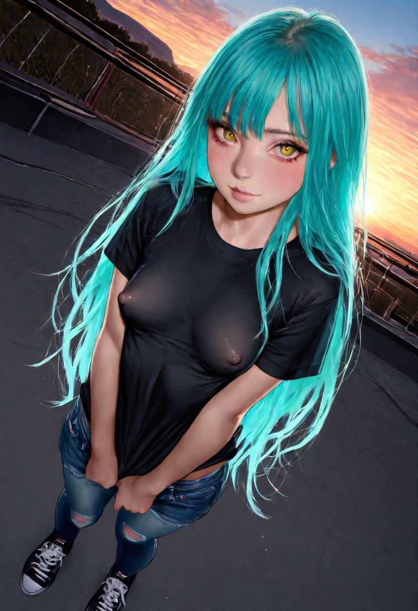 amazing quality, masterpiece, best quality, hyper detailed, ultra detailed, UHD, perfect anatomy,hyper-realism, realistic, extremely detailed, beautiful detailed face, side view, very aesthetic, 1girl, ((18 years old)), head turned to look at viewer, seductive smile,, (medium breasts, covered nipples, nipples not visible), cute, seductive, perfect blue eyes, wearing a short black t-shirt micro jeans shorts, a skateboard in her hands, perfect golden hour light, in a skate-park, outdoors, inviting, black sneakers. black make-up.  outdoors, depth of field, dynamic angle, (((covered nipples))), bright blue eyes, small breasts with puffy nipples, perfect hands and fingers,crystalake, crystalake, rnat,aqua hair,yellow eyes,