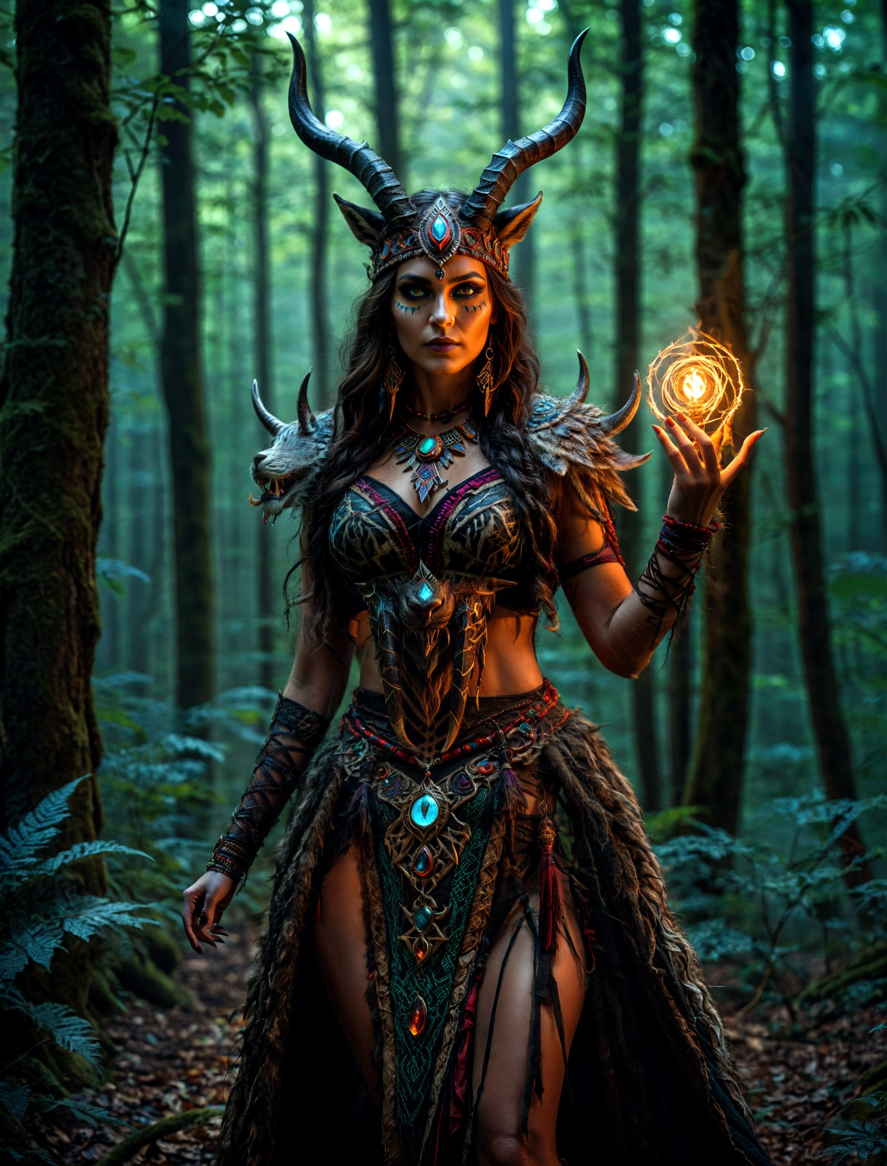 a woman with glowing eyes and horns in a dramatic pose, in a dark forest, photo realistic symmetrical, beautiful necromancer , with glowing eyes, she is dressed in shaman clothes, humblewood art style,, anthropomorphic lynx, cultist, inspired by bare feet., cinematic, colorful background, concept art, 8k, dramatic lighting, high detail, highly detailed, hyper realistic, intricate, intricate sharp details, octane render, smooth, (Dark horror lighting), trending on artstation., cinematic photorealistic, 8k uhd natural