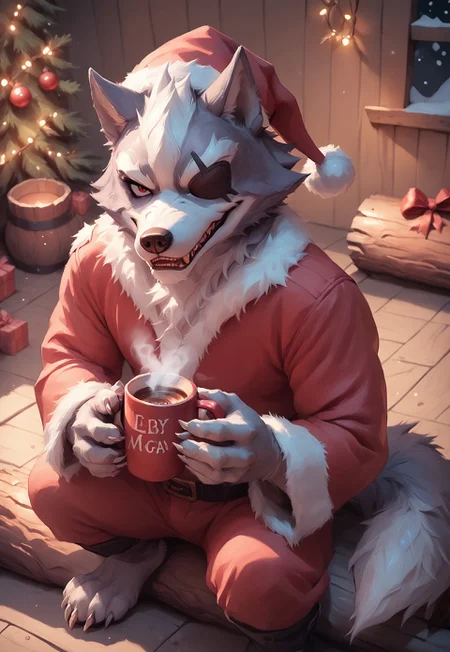 safe_pos, kftenhance, FF Christmas Painting Style, score_9, score_8_up, score_7_up, score_6_up, score_5_up, score_4_up, source_furry, 1boy, furry, anthro, male, solo, grey fur, Wolf O'Donnell, Red Eye, Right Eyepatch, santa outfit, santa hat, paws, tail, sharp fangs, sexy pose, looking at viewer, smile, holding coffee mug, log cabin interior