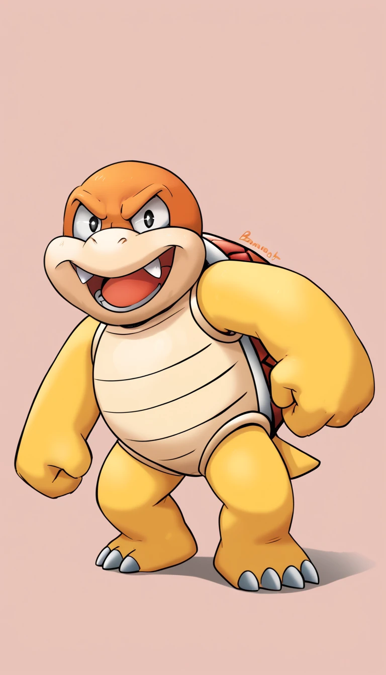  detailed fur:1, detailed face:1, detailed eyes:1, highres, incredible quality, good anatomy, score_9, score_8, incredible quality, high quality, highres, masterpiece, flat color, thick outlines,boom boom, red shell, furry male, furry, solo, pokemon (creature), no humans, open mouth, fangs, white background, full body, standing, black eyes, simple background, claws, smile