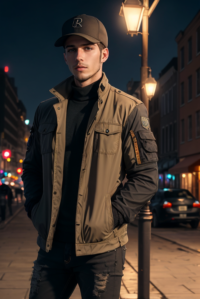 (masterpiece, best quality, high quality, highres, ultra-detailed), city, scenery, night, building, sign, cityscape, pantyhose, skyscraper, street lights, 
solo, 1boy, gray eyes, short Crew Cut, sand blonde hair, triangular face, looking at viewer, outdoors, hands in pockets, khaki jacket, black  loose jeans, black baseball cap, 
AS-Adult, Asian-Less, OverallDetail,