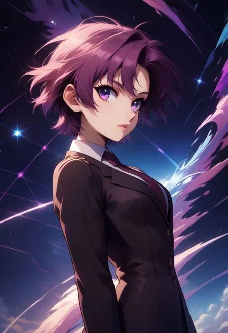 score_9, score_8_up, score_8, medium breasts, (curvy), cute, eyelashes, rating_safe,
BREAK,
zzBazett, short hair, purple eyes, purple hair, mole under eye, necktie, formal black suit,
BREAK,
dynamic angle, stars, floating, colorful, pink, blue eyes, black bow, from side, on back, spaceship, technological,
zPDXL,