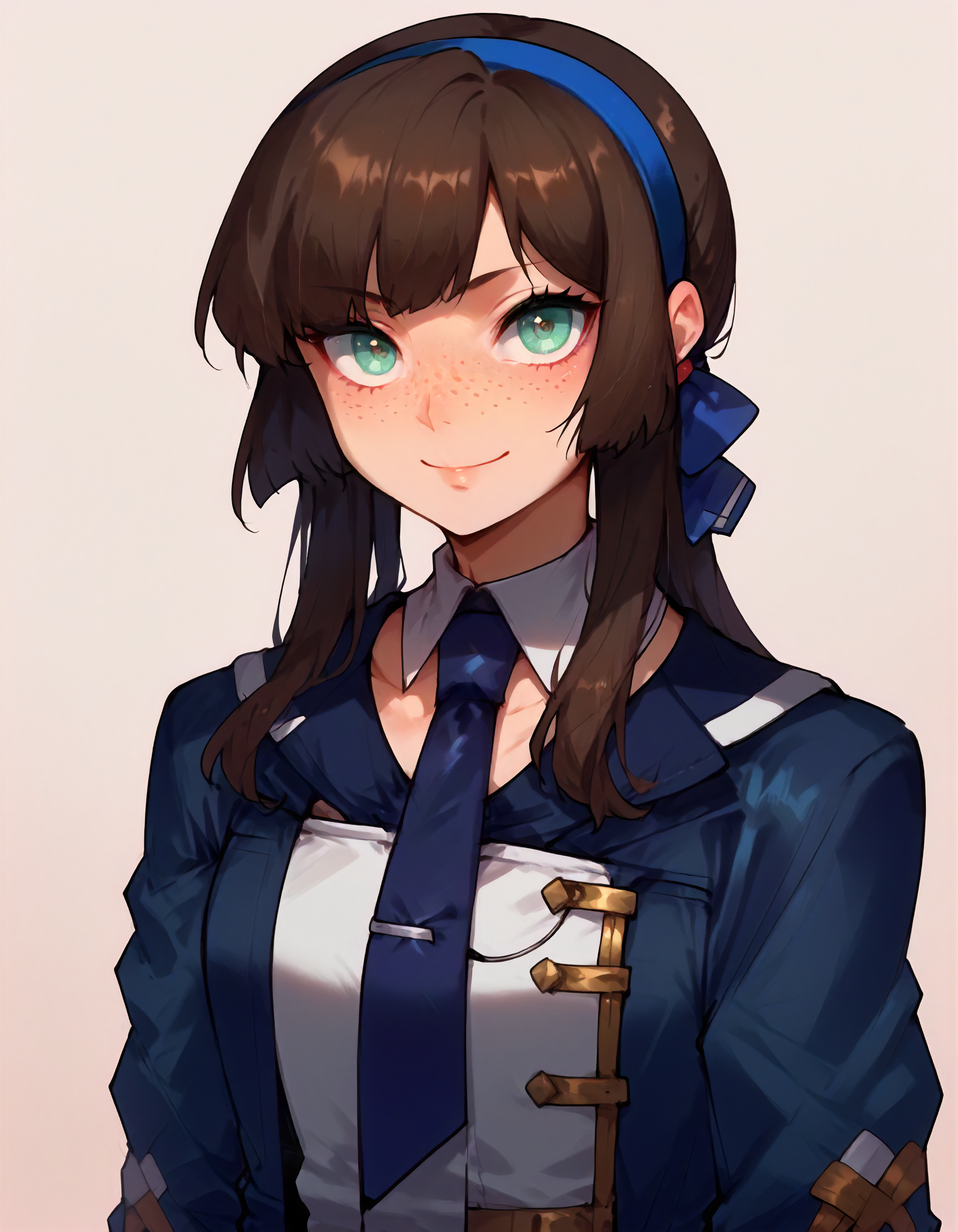 score_9,score_8_up,score_7_up,1girl,solo,upper body,looking at viewer,(smile:0.6),
<lora:mogador_ponyXLV6:0.8>,kcmogador,
black hair + brown hair,long hair,freckles,aqua eyes, 
hairband,detached collar,blue necktie,jacket