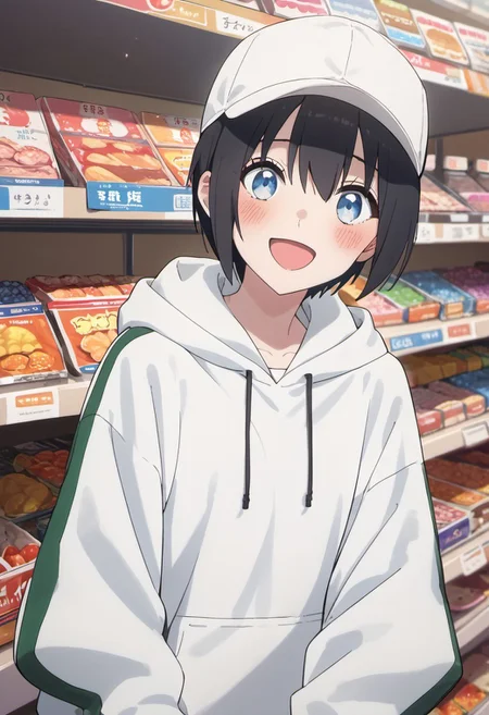 score_9, score_8_up, score_7_up, source_anime, nonoa, short hair, blue eyes, black hair, 1girl, blush, > <, solo, hat, hood, hoodie, white hoodie, shop, smile, open mouth, baseball cap