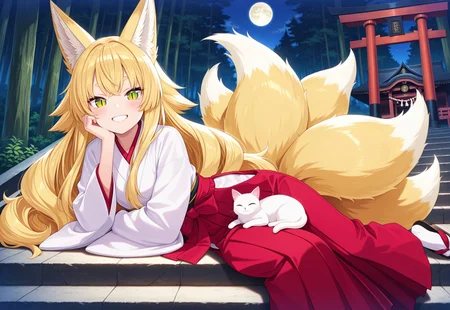 1girl, blonde hair, long hair, big hair, fluffy hair, slit pupils, masterpiece, best quality, absurdres, cute, kawaii,
(kitsune, kyuubi, multiple tails, fox tail), fox girl, fox ears, fluffy tail,
japanese clothes, kimono, hakama skirt,
outdoors, night, moon, store stairs, torii gate, shinto shrine, forest,
solo, lying, on side, head rest, (cat on person), cat on lap, kitten, waving, grin, happy,
intricate, highly detailed, majestic