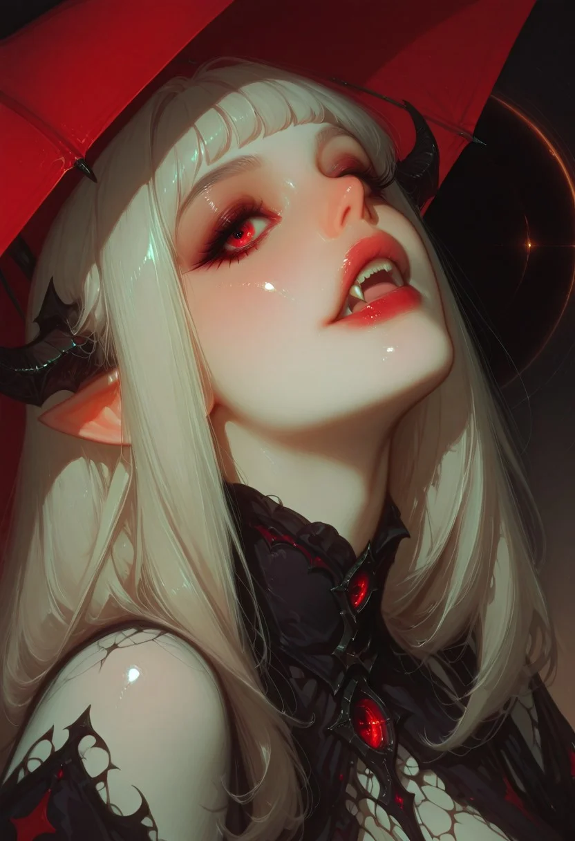7481llu,masterpiece, best quality, 1girl, closeup, vampire, 2Fangs, The lips are slightly parted, revealing sharp, gleaming white fangs. perfect teeth, white skin, red umbrella, black hole background, swirling event horizon, glowing accretion disks, distant stars, dark tones, muted colors, sharp contrasts, hyper-realistic, detailed textures, cinematic feel, dark fantasy, cosmic aesthetics, calm expression, elegant outfit, subtle textures, dramatic lighting, highres.