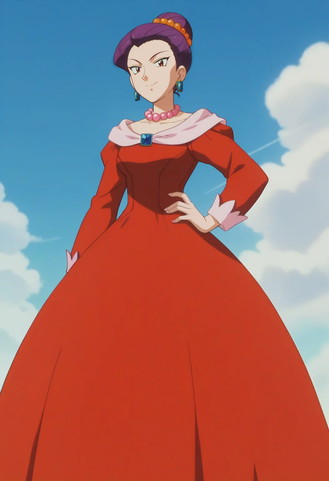 score_9, score_8_up, score_7_up, score_6_up, anime screencap, anime coloring, <lora:PMJM_epoch_10:0.7>, PMJM, red eyes, purple hair, short hair, single hair bun, earrings, orange hair bobbles, aged up, 
pink pearl necklace, long dress, red dress, long sleeves, high heels,
smile, looking at viewer, cowboy shot, hand on own hip, 
BREAK day, sunlight, blue sky,