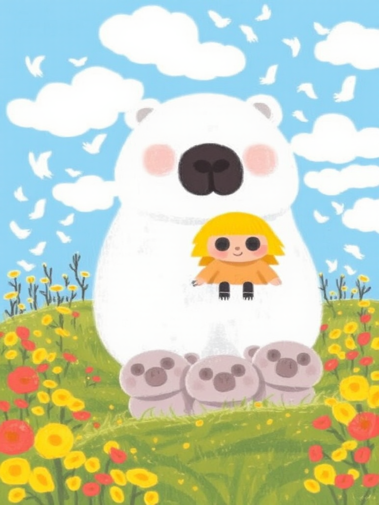A whimsical digital illustration depicts a blonde girl in a peach dress sitting on the back of a large, white polar bear with its massive head and small body. The girl's dress contrasts gently with her rosy cheeks. Surrounding them are colorful, serene meadows adorned with yellow and red flowers, and delicate, whimsical white birds flit through a clear blue sky with scattered clouds. Three cute, round bear cubs with happy faces sit in front of the large bear, one of which looks directly at the viewer. The artwork is charming and exudes a playful, fantastical vibe.

best composition, best quality,masterpiece, vibrant colors, healing atomosphere