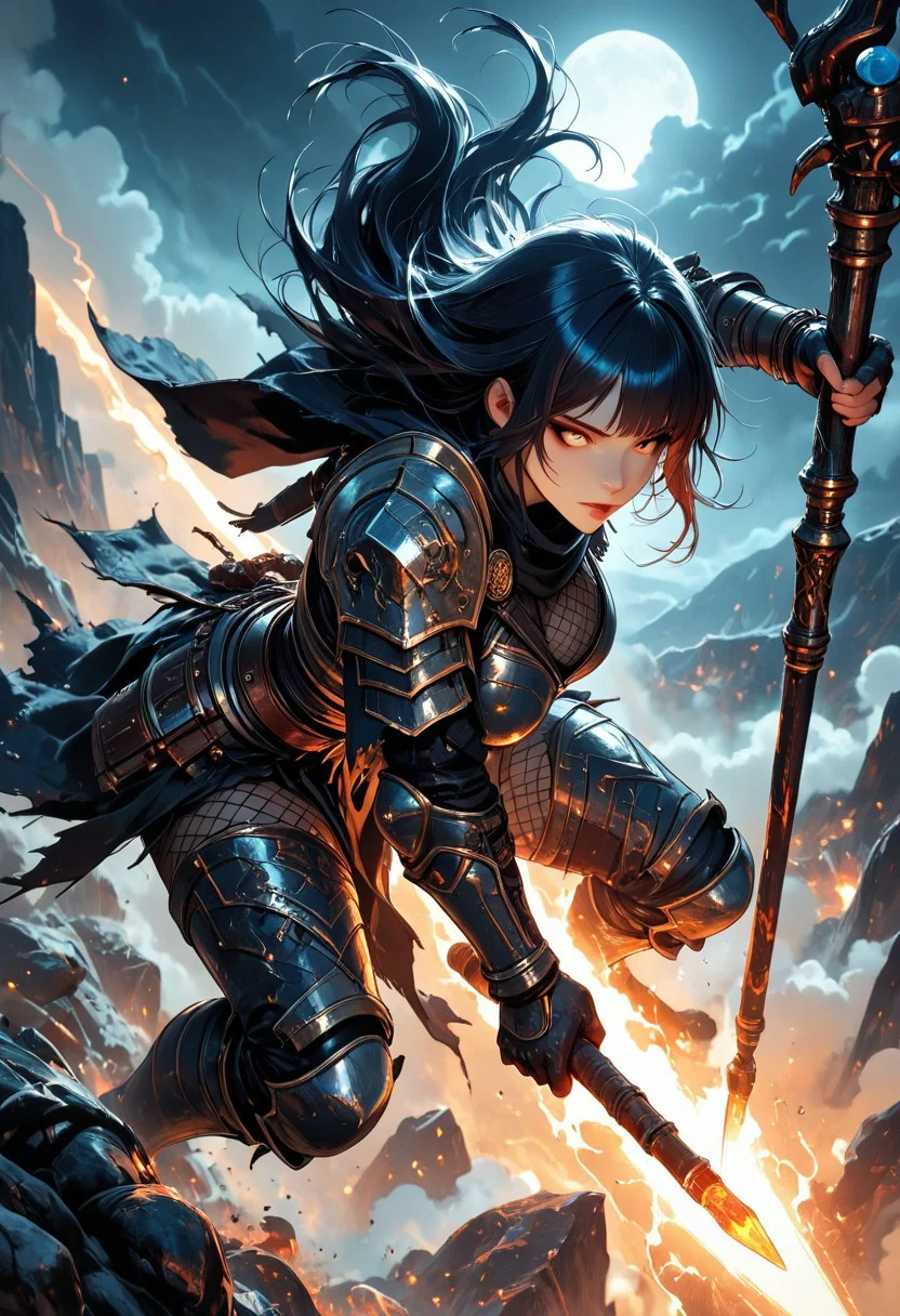 (masterpiece), (best quality), (8k),
1girl, beautiful, breasts, battle scarred, damaged armor, fishnets under armor, bangs, long hair, plated armour, holding staff, battle stance, dynamic angle, ancient fantasy city, battle-ready stance, dynamic pose, at night, moonlight, riding a nimbus cloud, nimbus, wukong theme, directional lighting, viewed from above,
