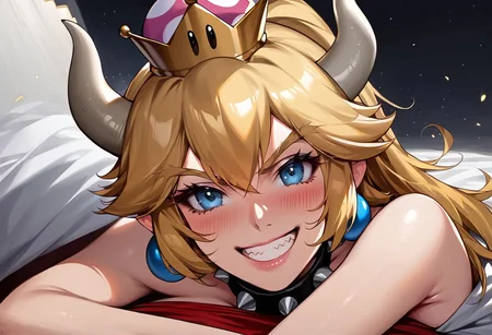 Bowsette put on a collar, (used a blanket to cover her body near mario :1.0), hug by mario wear his original uniform, Pretend to resist but actually love it a lot, dynamic pose, medium body shot, blush smiled, climax face,  bare arms, bare shoulders, coax, cleavage, acted like couldn't handle it, exhausted face orgasum but happy, (background is castle mario world),
 1girl, evil grin, looking at viewer,  (in mario world, background is mario games:1.0,)
score_9, score_8_up, score_7_up, rating_explicit, epiCPhoto, sharp avn award winning photo, ultrasharp, artistic photoshoot, masterpiece, best quality, detailed painting,