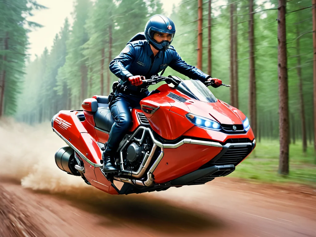 <lora:Hover_Bike:1> hover_bike, red vehicle, motorcycle wihtout wheels, (pilot:1.4), forest, soft light, storm, speed motion blur
