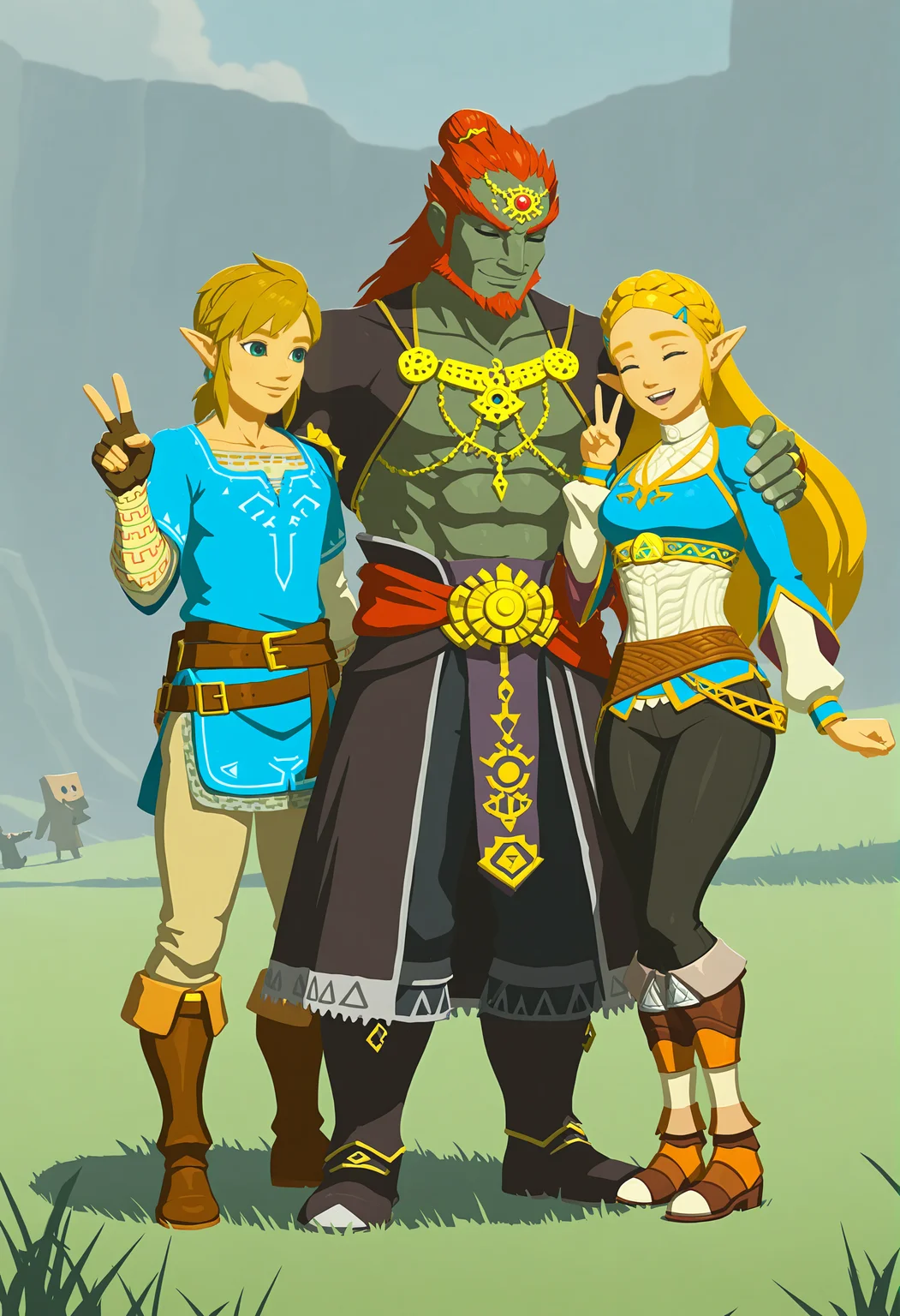 amazing quality,very aesthetic,absurdres,best quality,newest,masterpiece,4k resolution, absurdres, highres, detailed background,
<lora:Princess_Zelda_ILXL:0.8> 1girl, princess zelda, blonde hair, pointy ears, botw, long hair, blue shirt, black legwear, (thick thighs:0.6),2boys, link, ganondorf, trio, friend, side-by-side, grass, holding shoulder, laughing, smile, happy, v sign, standing,