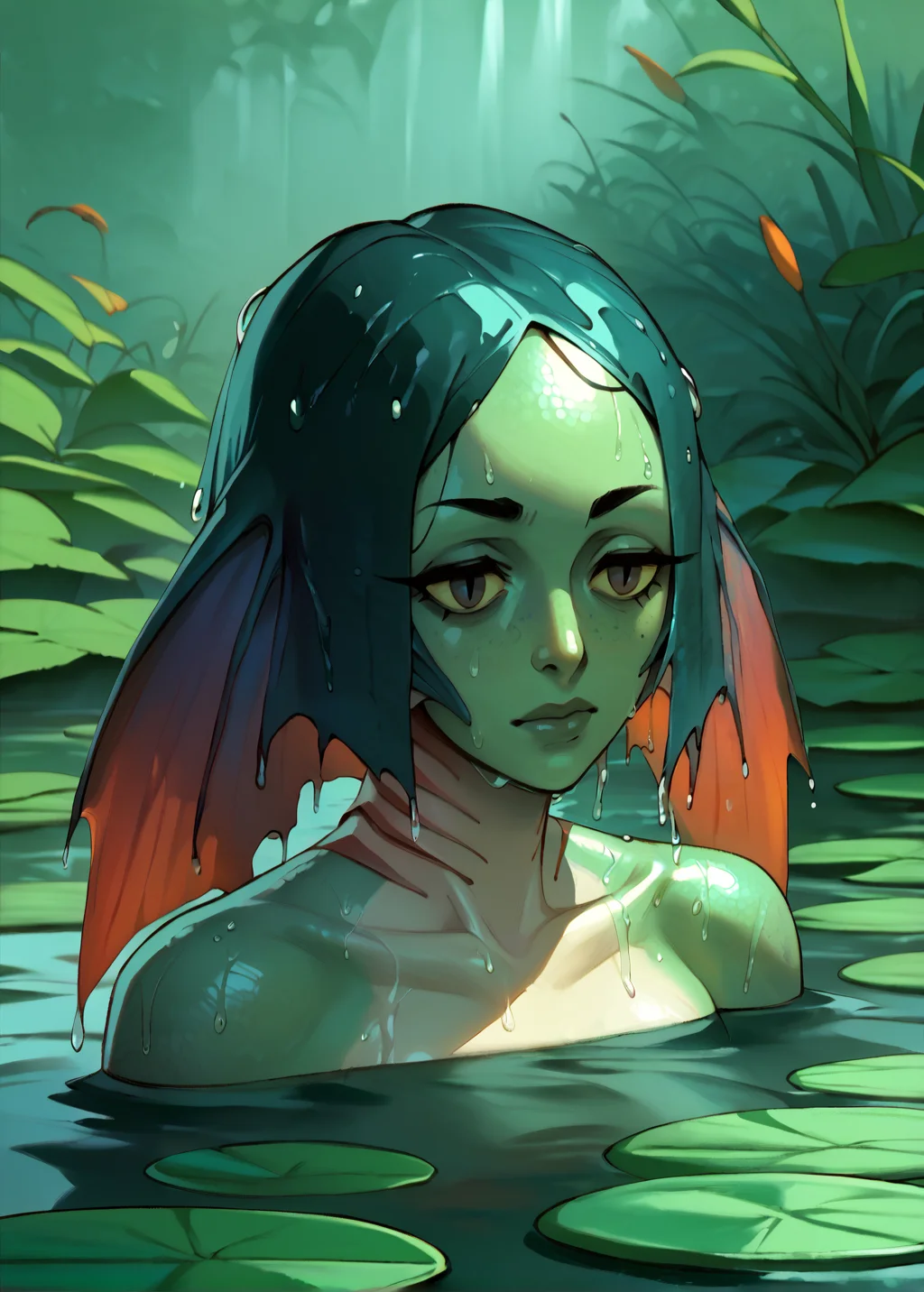 <lora:merfolks:1> <lora:RD-MAnon-XLV1.1:1>, head fins, merfolk, colored skin, green skin, big boobs, emerging out of the pond, lilypads, wet body, gills, fins instead of hair,, source_anime, score_9_up, score_7_up, score_8_up