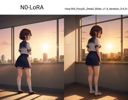 score 9, score 8 , source anime, 1gir, full body, shy, (looking outside), (tearing up), [streaming tears], sad, school uniform, serafuku, solo, standing, classroom, window, sunset, [urban, [scenery]], highres, ultra-detailed, illustration,colorful, masterpiece, absurdres, light rays, [light particles], backlighting, N0-LoRA,  <lora:KakkoiiPony:0.5>