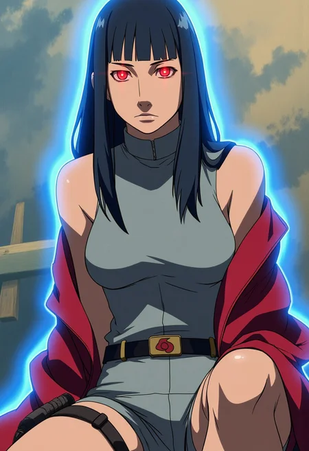Anime-styled illustration close-up portrait of the character Hyuuga Hinata from the Naruto Anime
Hinata is a young woman with a serious and composed demeanor. She has long, straight, dark blue or black hair with blunt bangs that frame her face. Her eyes are a striking lavender or white, with a bright, glowing red light in the center of each eye which stand out, adding intensity to her gaze. She wears a sleeveless, fitted light gray top that accentuates her figure and a pair of matching shorts. A black belt cinches her waist, and she has a shinobi headband with the symbol of the Hidden Leaf Village around her neck, indicating her affiliation with the ninja village.
The character is sitting with a slight forward lean, which adds to the intensity of her gaze. Over her shoulders, she wears an open red cloak that contrasts sharply with her outfit. One of her legs is bent, revealing a thigh holster with a ninja tool, adding to her warrior-like appearance. The background is an abstract mix of blue and tan brush strokes, giving the image an artistic, painterly quality.
The overall mood of the image should convey strength, seriousness, and a quiet determination, with the character's intense eyes and forward-leaning posture as the focal points.
Hinata is highlighted by a faint glowing blue outline around it, indicating that they might be using or preparing to use some sort of power or ability. C0NTR4CT0R