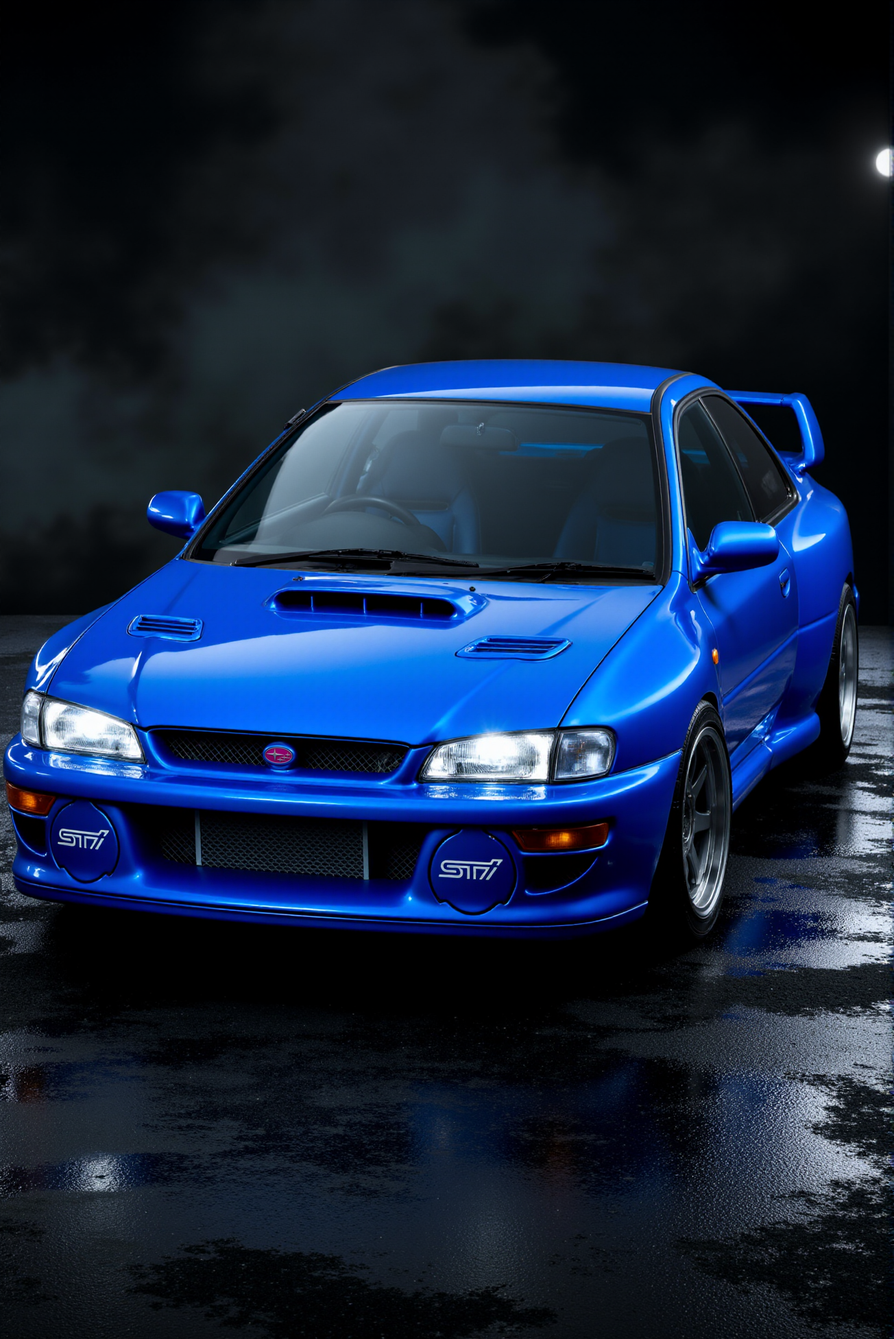 <lora:Subaru_Impreza_WRX_STI_22b:0.8>
A vivid electric blue Subaru Impreza coupe in extreme low-angle front three-quarter view, fitted with an aggressive widebody kit, ultra-low stance, and sculpted side skirts; the deep carbon front splitter and flared wheel arches create a fierce aerodynamic silhouette on a matte black asphalt surface dusted with tire smoke. Twin circular headlights glow under stormy chiaroscuro lighting, while the high-gloss paintwork reflects ambient shadows. A (pink Subaru badge sits centered in the mesh grille), and dark-tinted windows blend into the moody, studio-like backdrop. Sharp, high-definition reflections curve across the bodywork, enhanced by cinematic spotlighting and ultra-smooth photorealistic shading with a surreal edge.