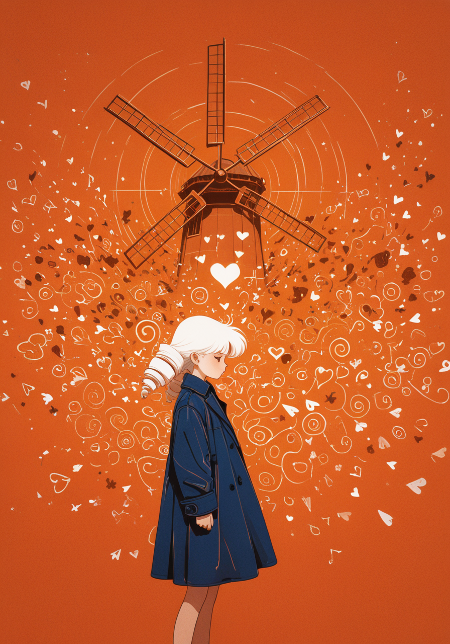 masterpiece, newest,absurdres,incredibly absurdres, best quality, amazing quality, very aesthetic, retro artstyle, abstract, orange theme, child's drawing, 
1girl, drill hair, white hair, blue trench coat, flying hearts, windmill