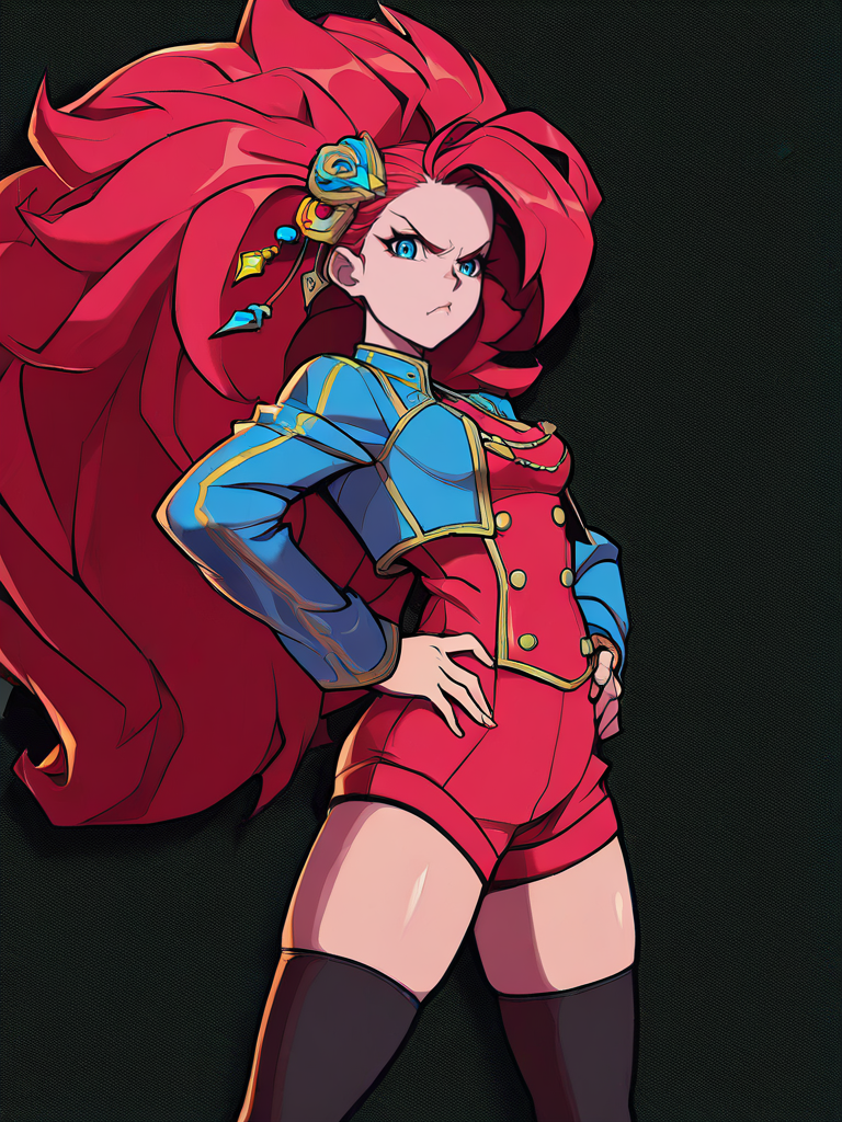 highres, hi res, best quality, masterpiece, intricate details, 4k,, 
1girl, red big hair, open jacket, black thighhighs, long sleeves, blue eyes, front, angry, from side, ornaments, idol, looking at viewer, simple colorful background, hands on hips, cowboy shot, hair ornament, 
 <lora:2XKO_style-10(IllustrousV2):1>, 2XKO,
