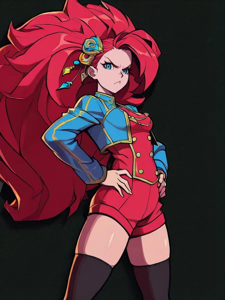 highres, hi res, best quality, masterpiece, intricate details, 4k,,
1girl, red big hair, open jacket, black thighhighs, long sleeves, blue eyes, front, angry, from side, ornaments, idol, looking at viewer, simple colorful background, hands on hips, cowboy shot, hair ornament,
<lora:2XKO_style-10(IllustrousV2):1>, 2XKO,