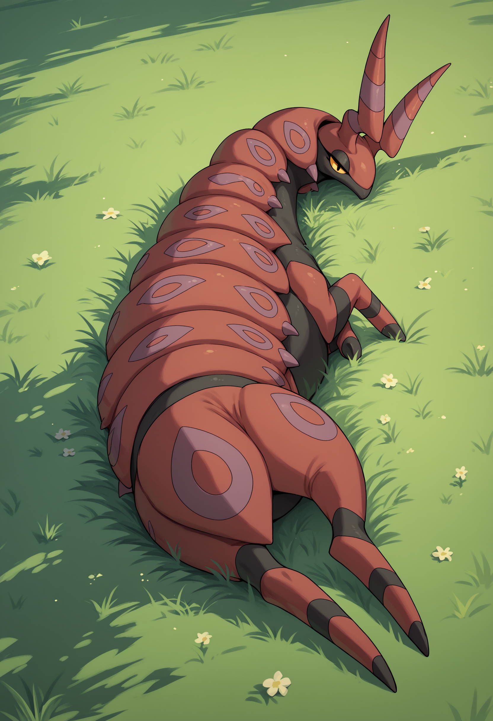 score_9, score_8_up, score_7_up, score_6_up, score_5_up, score_4_up, solo, no humans, <lora:Scolipede:0.85> 1girl, pokemon creature, colored skin, colored sclera, yellow sclera, yellow eyes, feral, full body, lying down,
meadow, grass,