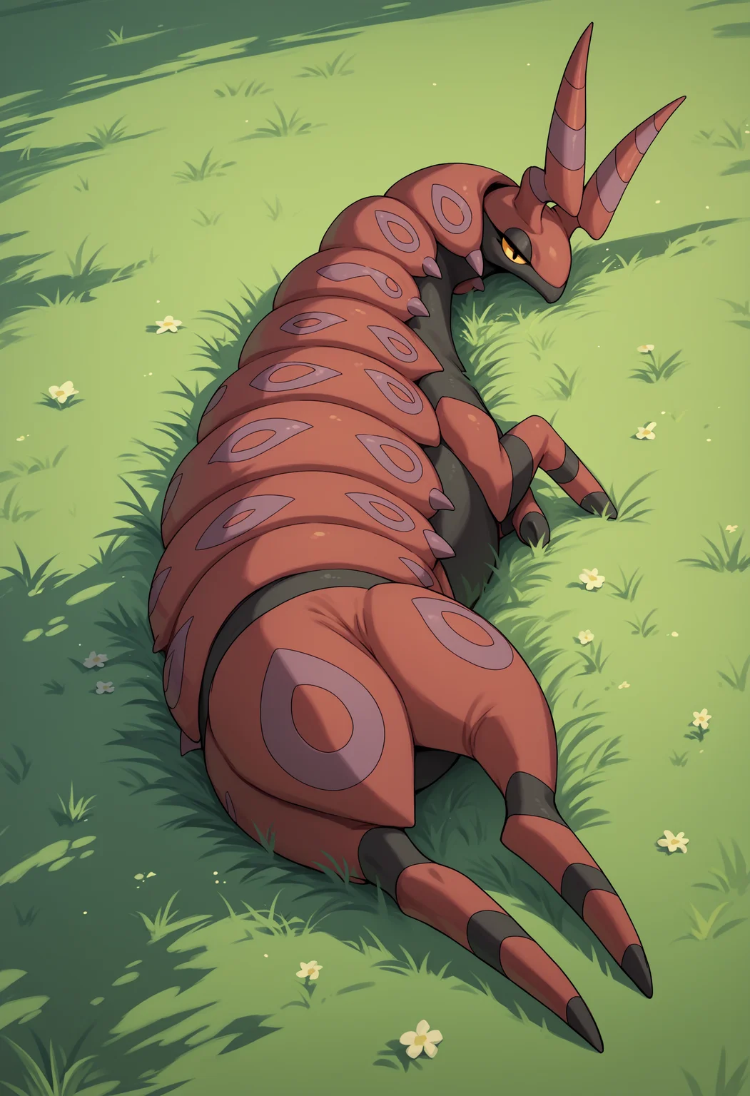 score_9, score_8_up, score_7_up, score_6_up, score_5_up, score_4_up, solo, no humans, <lora:Scolipede:0.85> 1girl, pokemon creature, colored skin, colored sclera, yellow sclera, yellow eyes, feral, full body, lying down,
meadow, grass,