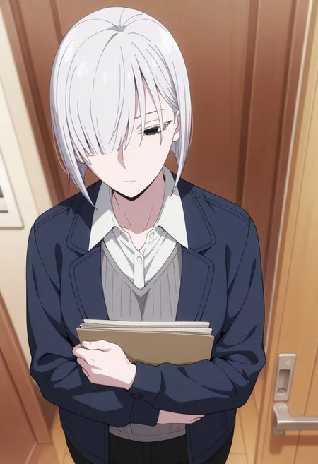 masterpiece,best quality,amazing quality, fiona frost, white hair, short hair, black eyes, solo, shirt, jacket, holding, collared shirt, door, 1girl, white shirt, indoors, long sleeves, blue jacket