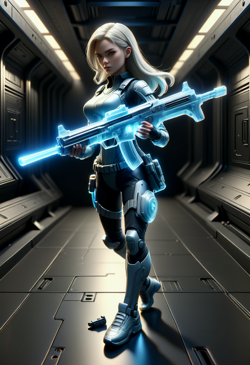 hyper detailed masterpiece, dynamic, awesome quality,hyperrealism,female gelth, , submachine gun,  DonMH010D15pl4yXL <lora:DonMH010D15pl4yXL-000008:1>