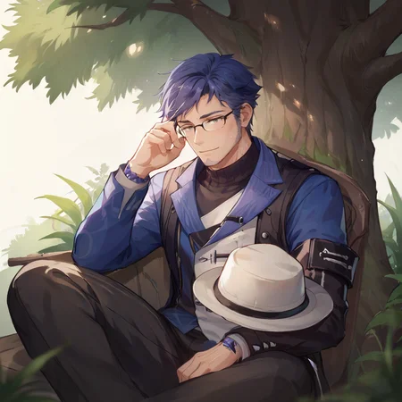 score_9, score_8_up, score_7_up, rating_safe, BREAK, yuanwu solo, glasses, hat, male, sitting, sleeping, eyes closed, under a tree,