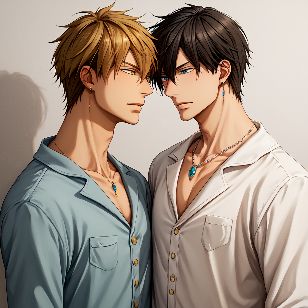 score_9,score_8_up,score_7_up,score_6_up,score_5_up,score_4_up BREAK takato saijo,junta azumaya,2boys,multiple boys,male focus,jewelry,necklace,jumpsuit,shirt,pajamas,<lora:Takato_Junta_V1-2:1>,