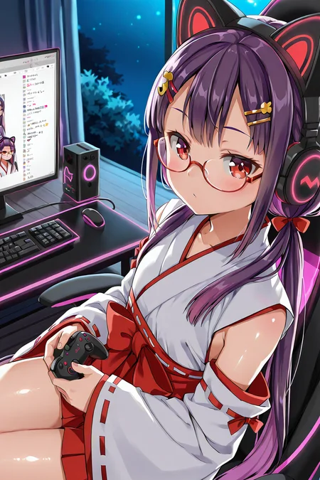 detailed background, shiny skin, posing,
<lora:natsueri.il:1.0>,
natsueri,
miko, gaming chair, streaming, 
night, indoor,, (purple hair:1.2), very long hair, low pigtails,
red eyes, glasses, hairpin, glowing cat headphones,  
hairpin,