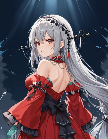 (masterpiece), (best quality), (ultra-detailed), Skalter, low twintails, very long hair, low-tied long hair, grey hair, red eyes BREAK, illustration, disheveled hair, detailed eyes, perfect composition, moist skin, intricate details, earrings, Volumetric Lighting, Skalter, low twintails, very long hair, low-tied long hair, grey hair, red eyes BREAK, light depth, dramatic atmospheric lighting, Volumetric Lighting, CH,CH hair ornament, CH detached sleeves, CH gloves, CH dress, BREAK, looking at viewer, coastal, from behind, back