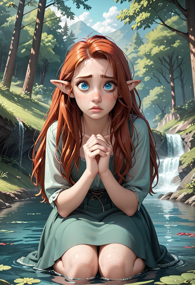 score_9, score_8_up, a red haired elf kneeling next to a spring of water in the woods, masterpiece, cinematic look, soothing tones, hyperdetailed, 25 years old, trees, outside, cupping water in hands, drinking water, long hair, hair down to hips, loose long hair, thirsty, confused, red hair, ginger hair, bright blue eyes, full body, heart shaped face, auburn hair, dirty hair, tangled hair, small nose, full lips, elven ears, pointed ears, pale skin, freckled face, freckles, sleepy, noontime, tired