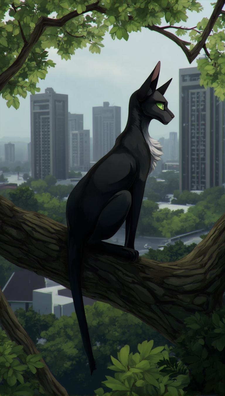 <lora:ck-LttleGhost-000011.safetensors:1> in the style of ck-lttlegh0stA stunning black cat perches on a tree branch, gazing rightward at something distant, its piercing green eyes mesmerizing. The urban backdrop of high-rise buildings is blurred in the haze, while lush foliage surrounds the cat's sleek, glossy form, evoking an otherworldly calm.