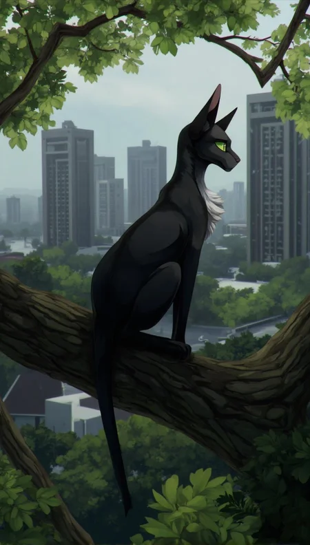 <lora:ck-LttleGhost-000011.safetensors:1> in the style of ck-lttlegh0stA stunning black cat perches on a tree branch, gazing rightward at something distant, its piercing green eyes mesmerizing. The urban backdrop of high-rise buildings is blurred in the haze, while lush foliage surrounds the cat's sleek, glossy form, evoking an otherworldly calm.