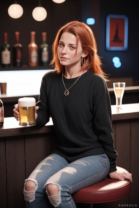 zPDXL2, zPDXLpg, zPDXLrl, ginger woman with red hair in luxurious nightclub, sitting at the bar holding a beer, wearing a sweater and jeans
