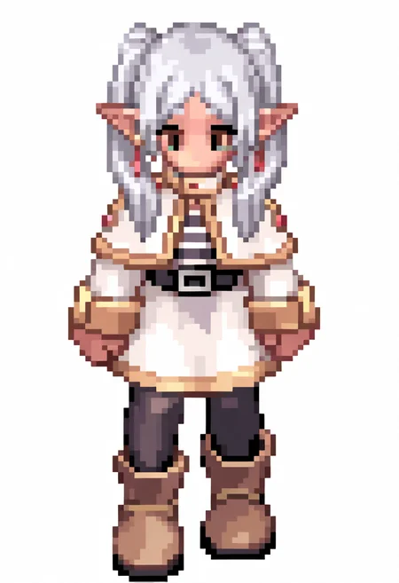 best quality, amazing quality, very aesthetic, absurdres,
pixel,
1girl, frieren, green eyes, grey hair, twintails, pointy ears, eyebrows,
white capelet,long sleeves, earrings, striped shirt, black pantyhose, boots,
standing,
full body, simple background, white background, <lora:RagnarokSpriteNoob_byKonan:1>