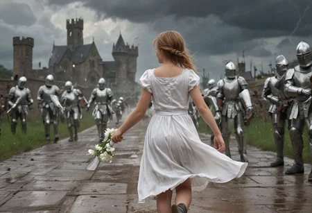 1girl with an army of knights.
(happy little girl in clean white dress) runs with a white flower in her hand towards background (facing away) from camera. back turned.
(Knights with blood and wounds) marching home from a battlefield in background from right to left.
Masterpiece, DonMSt34mPXL, Realistic Lightning, Cinematic Lightning, Dark Lightning, Rain, Puddle, Clouded Sky, medieval, fantasy, pedestrians, Cape, Reflection.