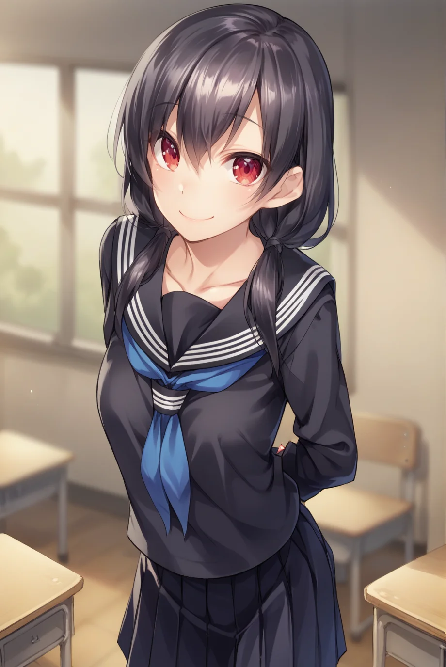 score_9, score_8_up, score_7_up, score_6_up, score_5_up, score_4_up, BREAK source_anime, 1girl, solo,
<lora:1roomXL-v1-06:0.65>, Chopio1room, black hair, shiny hair, hair between eyes, red eyes, looking at viewer,
medium breasts, long hair, low twintails,
classroom, standing, happy, smile,
outfit_1, black serafuku, long sleeves, blue neckerchief, pleated skirt, black skirt, arms behind back, leaning forward, cowboy shot,