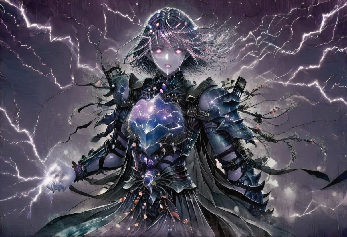(Masterpiece:1.3), (best quality:1.2), (detailed background:1.1), (intricate details:1.1), (detailed background:1.2), 1girl, solo focus, standing, perfect anatomy, 
bleakfaith,
source_anime, night sky, dark cloud background, sky background, lightning on background, only purple lightning, purple lightning, dark purple theme,
BREAK
watercolor, chinese,traditional,
BREAK
(purple hair:1.2),(pale skin:1.3), (purple skin:1.5),1girl,solo, mysterious, vivid color, shiny, (short purple hair), bob cut hair, purple eyes,glowing purple pupils,
laugh arrogantly,
BREAK
armor(dark suit,armor, animal chest plate), lightning, dark purple thunder, chinese style, 
spraks in hand,
BREAK
looking at the viewer, front view, full view,
best quality, ultra-detailed, absurdres, detail face, best quality, hires textures, high detail, (4k),incredibly detailed
NegativeDynamics,