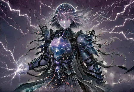 (Masterpiece:1.3), (best quality:1.2), (detailed background:1.1), (intricate details:1.1), (detailed background:1.2), 1girl, solo focus, standing, perfect anatomy, 
bleakfaith,
source_anime, night sky, dark cloud background, sky background, lightning on background, only purple lightning, purple lightning, dark purple theme,
BREAK
watercolor, chinese,traditional,
BREAK
(purple hair:1.2),(pale skin:1.3), (purple skin:1.5),1girl,solo, mysterious, vivid color, shiny, (short purple hair), bob cut hair, purple eyes,glowing purple pupils,
laugh arrogantly,
BREAK
armor(dark suit,armor, animal chest plate), lightning, dark purple thunder, chinese style, 
spraks in hand,
BREAK
looking at the viewer, front view, full view,
best quality, ultra-detailed, absurdres, detail face, best quality, hires textures, high detail, (4k),incredibly detailed
NegativeDynamics,