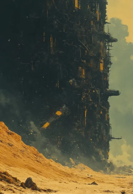 Muted yellow, gray, and black tones dominate the scene, evoking a dystopian, industrial atmosphere. Retro scan of an 80s sci-fi book, lofi, grainy, melancholic yet hyper-detailed, cinematic.
A digital painting in the style of ck-js: A colossal, technologically complex spaceship lies stranded in the middle of a desolate, cracked wasteland. Its intricate, black-and-gray hull is battered and scorched, with sections torn apart, exposing tangled mechanical innards and fading yellow hazard markings. The ship looms over the barren landscape like a beached leviathan, its towering silhouette casting long, menacing shadows across the ground.
Surrounding the wreck is a lifeless desert of fractured, dusty yellow and gray earth, dotted with scattered debris from the ship's catastrophic landing. The horizon is hazy, blending seamlessly into a dark, overcast sky, where storm clouds churn and faint beams of pale light struggle to break through.
Cinematic lighting bathes the scene in a somber glow, with swirling dust and subtle volumetric effects emphasizing the sheer scale of the wreckage. The atmosphere is heavy with a sense of abandonment and decay, enhanced by soft shadows, shallow depth of field, and a gritty film grain that lends the image an aged, retro-futuristic texture. A haunting reminder of technological ambition lost to ruin.