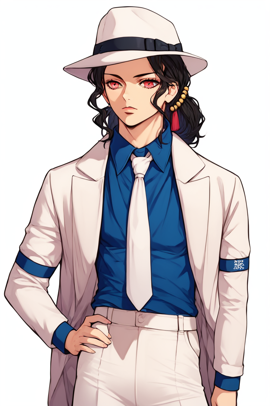 score_9, score_8_up, score_7_up, score_6_up, score_5_up, score_4_up,  <lora:muzan-kibutsuji-ponyxl-lora-nochekaiser:0.8>, muzan kibutsuji, black hair, hair ornament, red eyes, 1boy,  solo, <lora:smooth_criminal_outfit-000010:0.8>, white fedora hat, fedora hat, white jacket, blue shirt, white necktie, white pants, blue armband, white suspender, hand on hips, suit, masterpiece, highres, white background, simple background