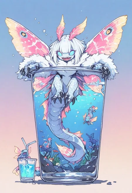 angler fish mermaid, monster girl, fins, underwater, sharp teeth, head fins, glowing , Gecko Girl, reptile, claws, slit eyes, fur trim ,moth_antennae , blue eyes , bug , caterpillar , evolutionary line , flying , gradient background , kaiju , large wings , monster , monster focus , moth , no humans , white fur , wings , scales, thick tail, bangs, axolotl girl, colored skin, monster girl , scales, thick tail, bangs, , in container, in disposable cup, disposable cup, Legs up ,submerged, cocktail, drinking straw, food, restaurant, table,, colored skin,
masterpiece, best quality ,amazing quality ,S4bit4mago_illu , xxx667_illu ,Protoneon  , ma1ma1helmes_b_illu,