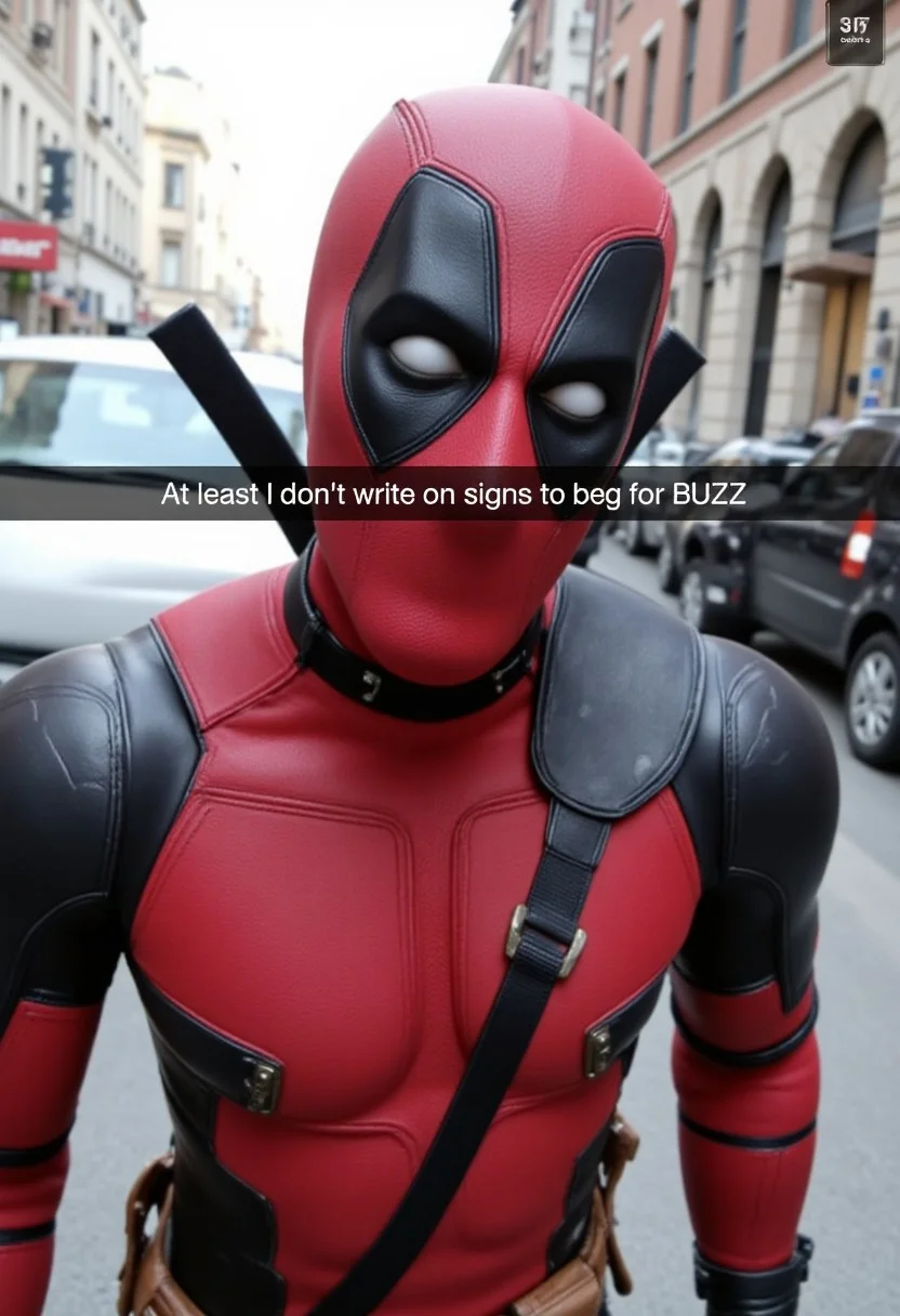 Deadpool in a bodysuit and a mask. He's taking a selfie with the snapchat caption "At least I don't write on signs to beg for BUZZ." The background is minimal in an empty city street. The selfie captures a slightly tilted angle, with Deadpool filling most of the frame, leaning in toward the camera. Ultra-detailed, HD, 8K, Detailed hand, aidmafluxproultra