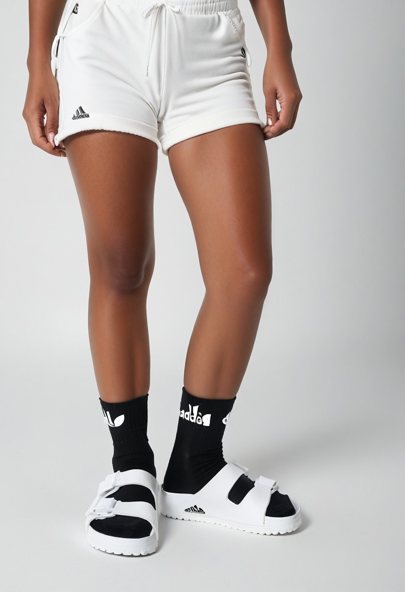 photorealistic, masterpiece, best quality.
1girl, solo, simple_background, white_background, standing.
calves, thighs, adidas_shorts, lower_body, slippers, footwear_focus, scksnsndls, birksonsocks, black_socks.