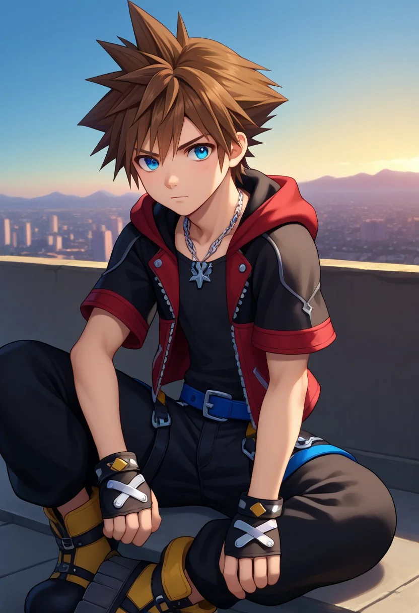 score_9, score_7_up, source_anime
sora, 1boy, male focus, solo, blue eyes, brown hair, spiked hair, black shirt, jewelry, necklace, jacket, multicolored jacket, multicolored clothes, black jacket, red jacket, hood, buttons, short sleeves, open jacket, open clothes, gloves, black gloves, fingerless gloves, belt, pants, black pants, capri pants, shoes, black footwear, sitting
outdoor, sky,