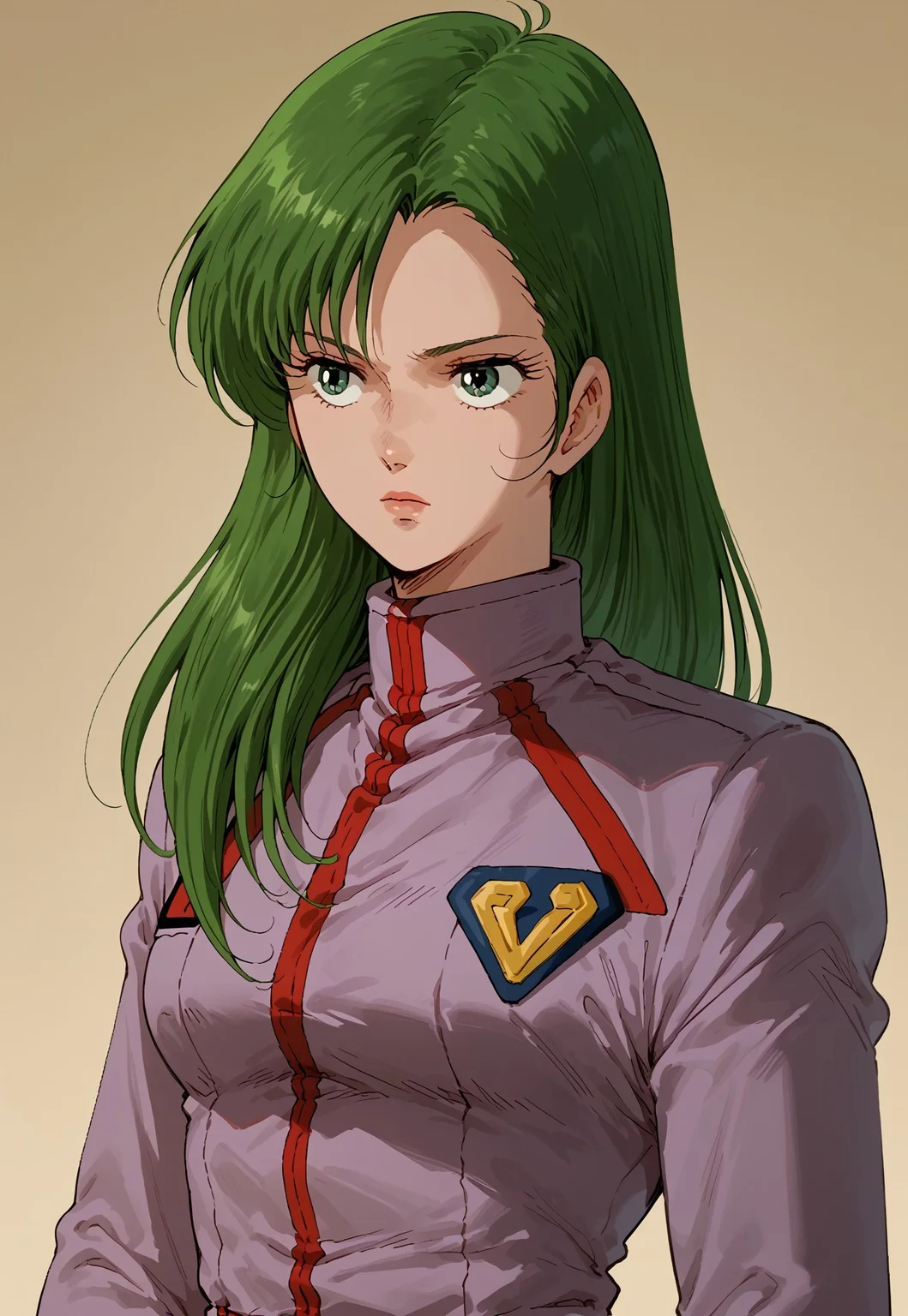 score_9, score_8_up, score_7_up, 1girl, solo, Miriya, green hair, green eyes, uniform, upper body, waist up, military uniform, long hair, retro style