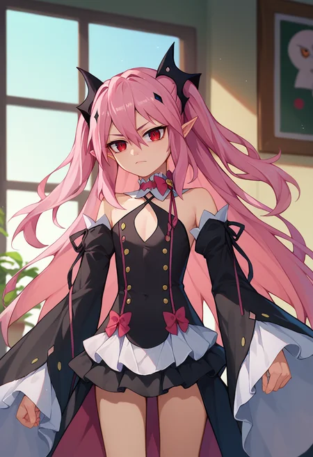 score_9, score_8_up, score_7_up, 1girl, solo, Krul, two side up, pink hair, red eyes, pointy ears, hair ornament, detached sleeves, bowtie, detached collar, black dress, black skirt, waist cape, indoors, <lora:Krul_1-000006:1>